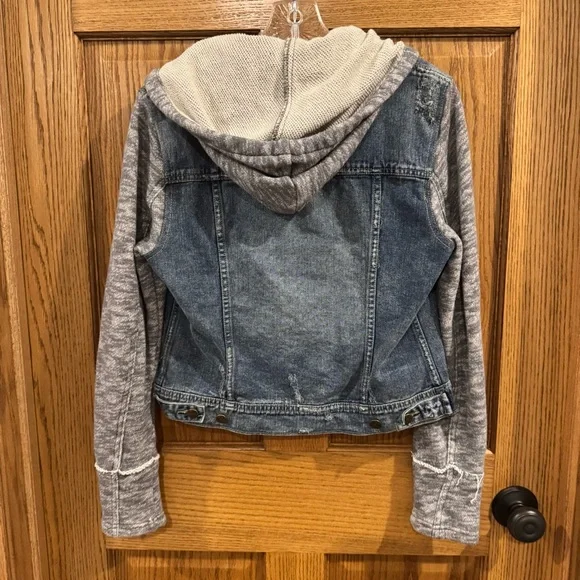 Free People Denim Knit Sleeve Hooded Jacket Boho Hybrid Size M - Picture 5 of 6
